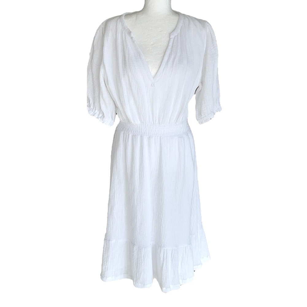 JOIE White Gauze Puff Sleeve Smocked Blouson Midi Dress - L